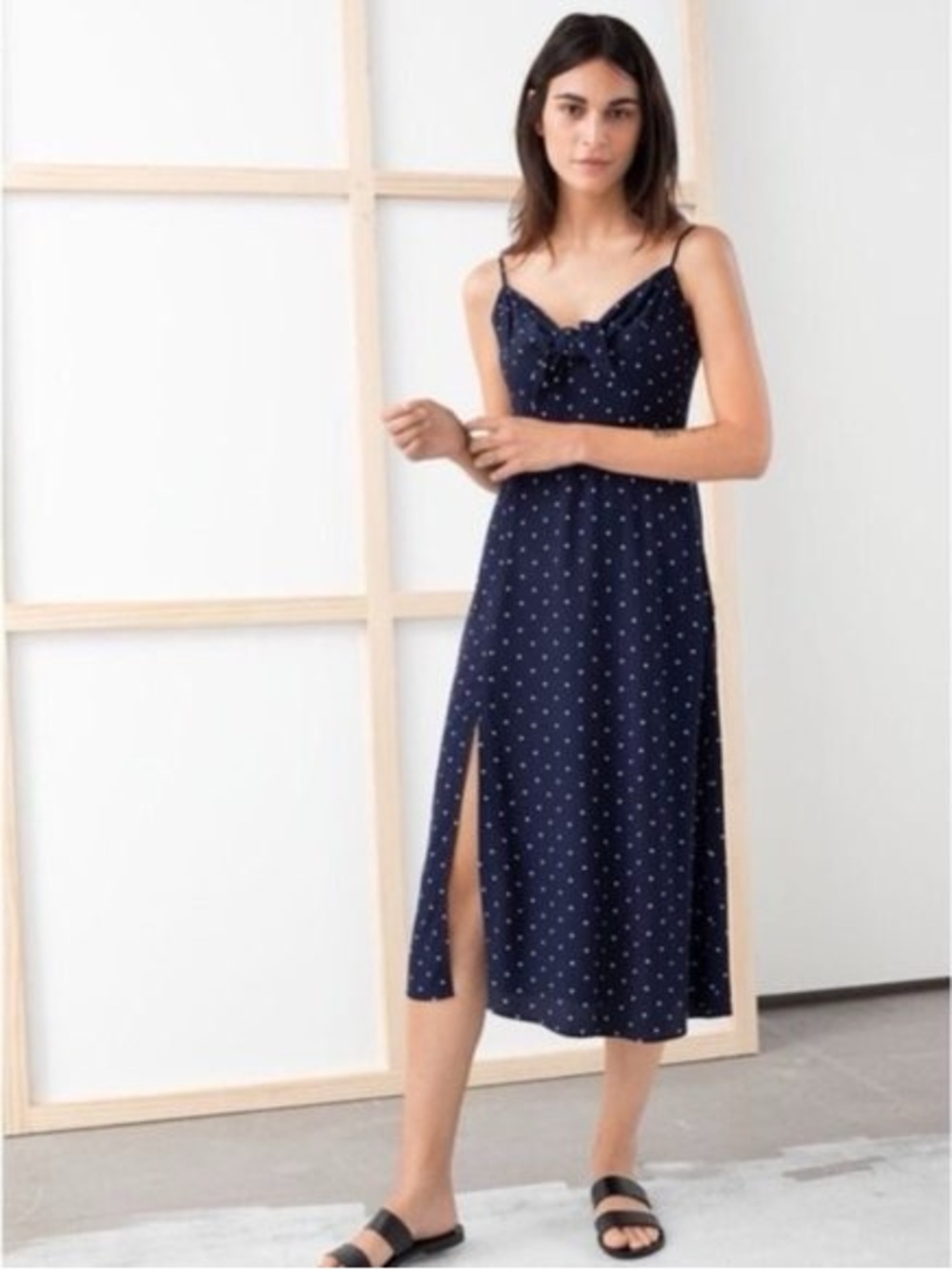 & Other Stories Sz 2 Navy Polka Dots Tie Knot Detail Mid Dress
